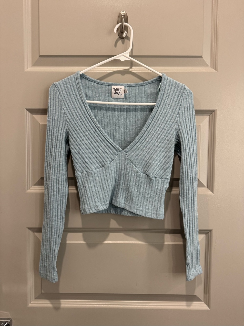 Princess Polly Light Blue Ribbed V-Neck Long Sleeve Top